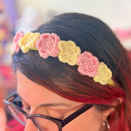 Cerchietto Fiori Uncinetto Romantico Accessorio Capelli Fatto a Mano Rosa Giallo Idea Regalo San Valentino