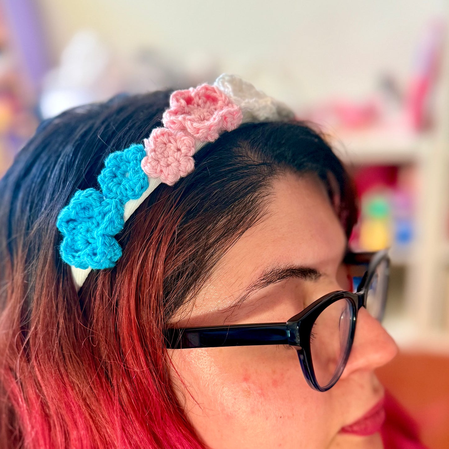 Cerchietto Fiori Uncinetto Inverno Accessorio Capelli Fatto a Mano Bianco Blu e Rosa Idea Regalo Romantico