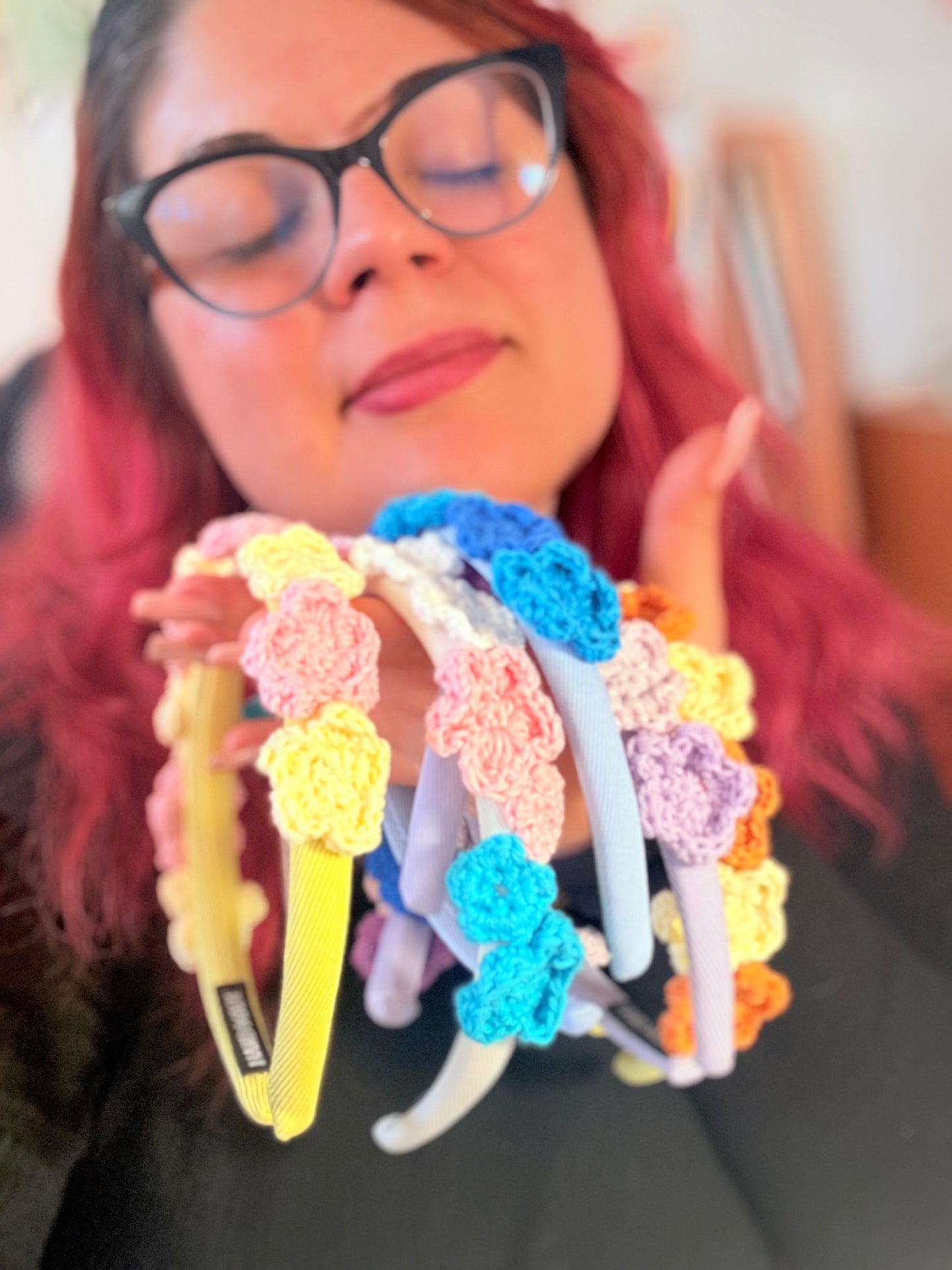 Headband Flowers Crochet Spring Handmade Hair Accessory Pastel Gift Idea Boho Chic