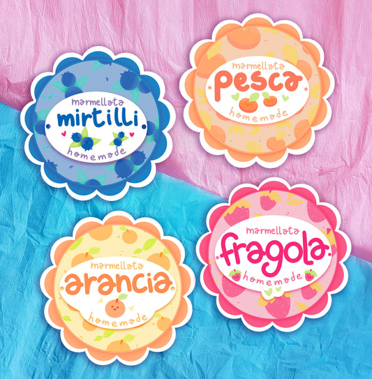 Etichette Carine per Marmellata d'Arancia - Marmellata di Fragola - Marmellata di Mirtilli - Marmellata di Pesca - Confettura fatta in casa