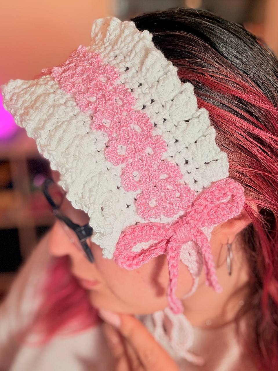 Fascia Capelli Fairy Kei Bianca e Rosa con Pizzo e Fiocchi Accessorio Handmade Kawaii Idea Regalo