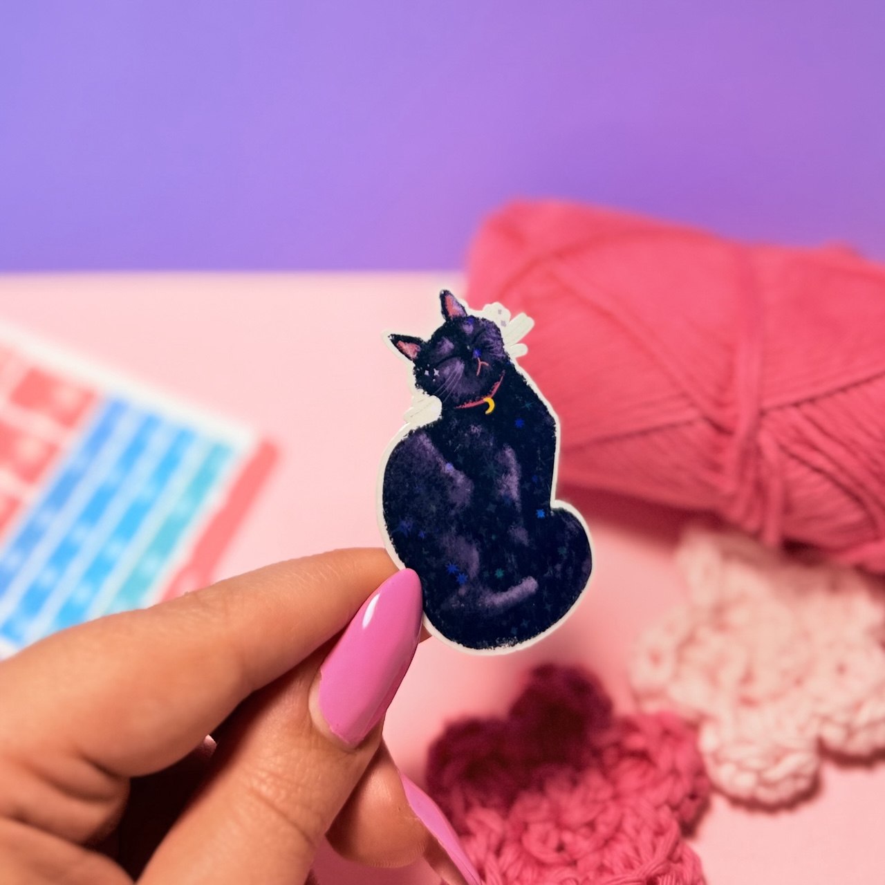 Sticker Olografico Gatto Nero Baciato dal Sole Kawaii Handmade