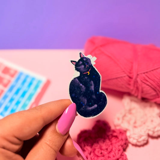 Sticker Olografico Gatto Nero Baciato dal Sole Kawaii Handmade