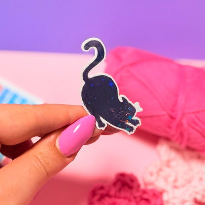 Sticker Olografico Gatto Nero che si Stiracchia Kawaii Handmade