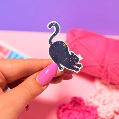 Sticker Olografico Gatto Nero che si Stiracchia Kawaii Handmade
