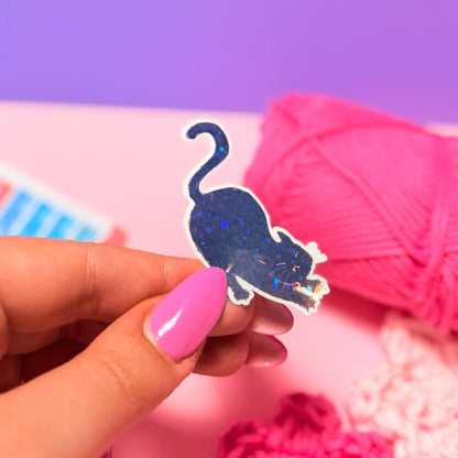 Sticker Olografico Gatto Nero che si Stiracchia Kawaii Handmade