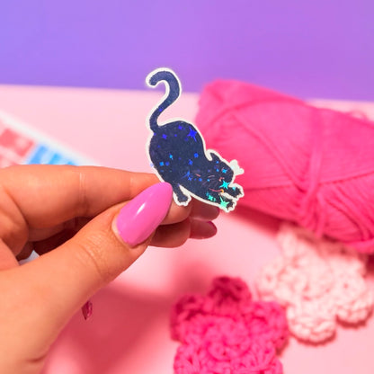 Sticker Olografico Gatto Nero che si Stiracchia Kawaii Handmade