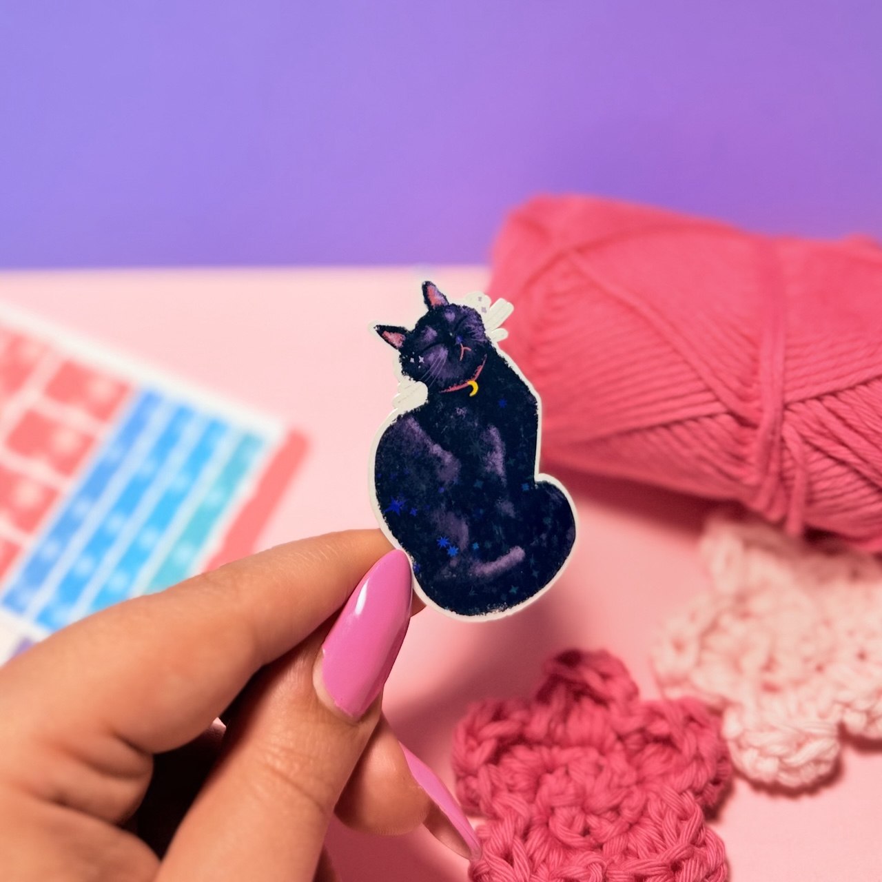 Sticker Olografico Gatto Nero Baciato dal Sole Kawaii Handmade
