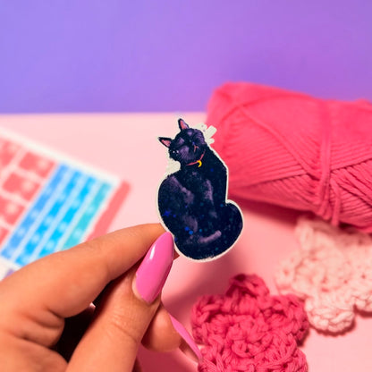 Sticker Olografico Gatto Nero Baciato dal Sole Kawaii Handmade
