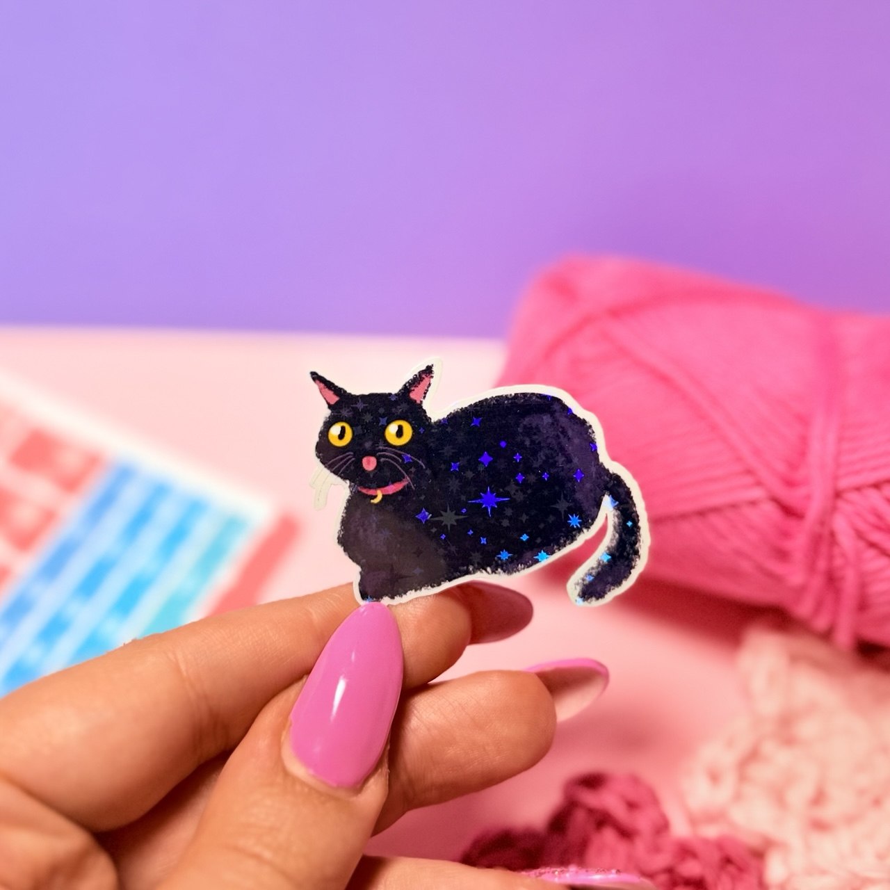 Sticker Olografico Gatto Nero Buffo Kawaii Handmade