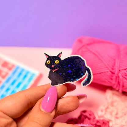 Sticker Olografico Gatto Nero Buffo Kawaii Handmade