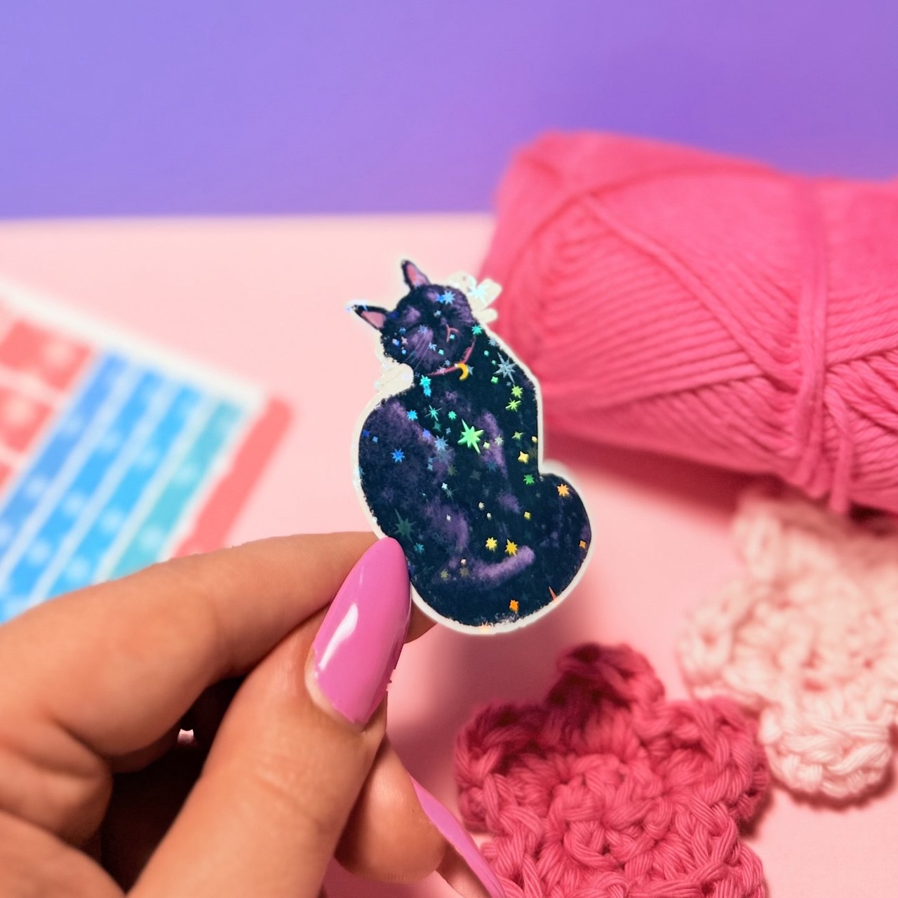 Sticker Olografico Gatto Nero Baciato dal Sole Kawaii Handmade