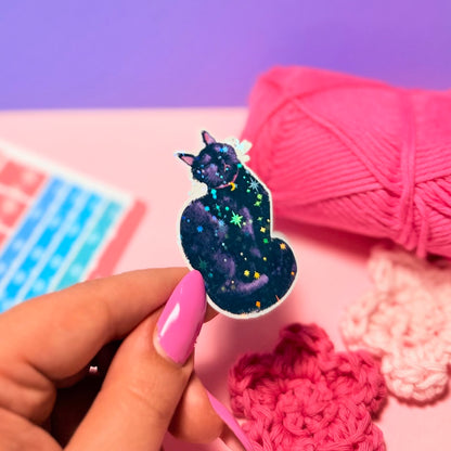 Sticker Olografico Gatto Nero Baciato dal Sole Kawaii Handmade