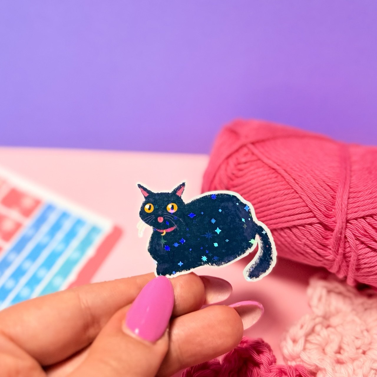 Sticker Olografico Gatto Nero Buffo Kawaii Handmade