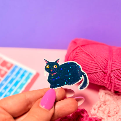 Sticker Olografico Gatto Nero Buffo Kawaii Handmade