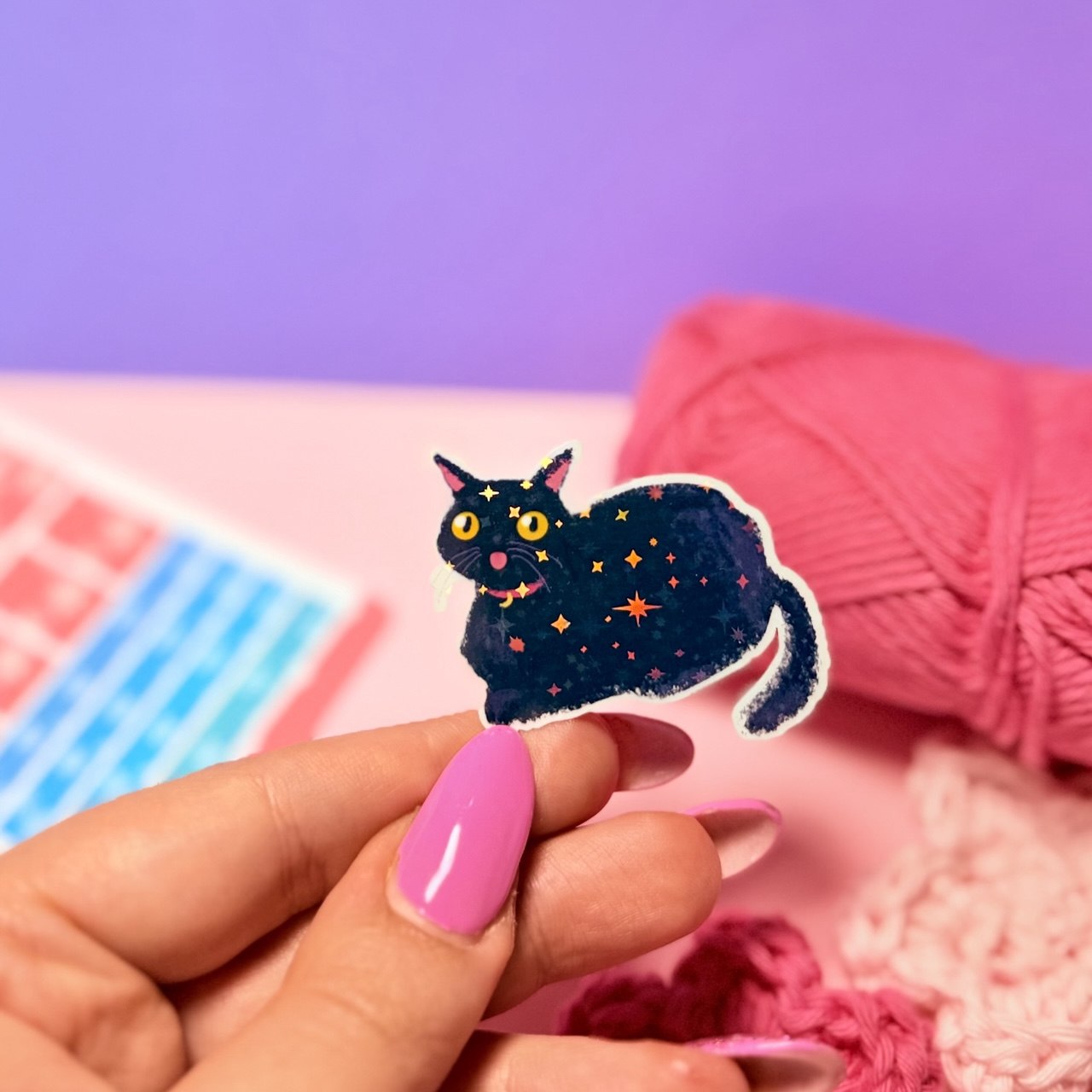Sticker Olografico Gatto Nero Buffo Kawaii Handmade