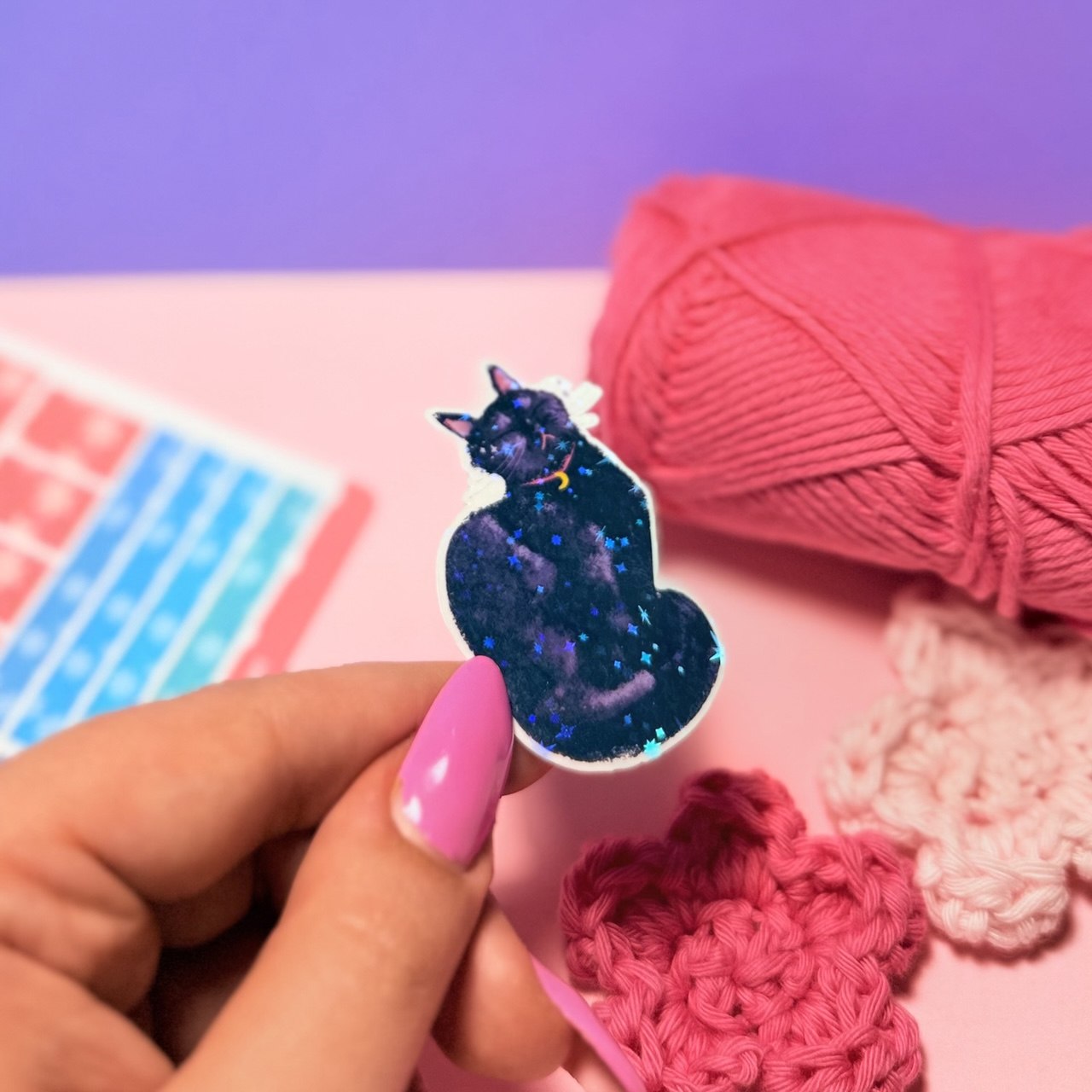 Sticker Olografico Gatto Nero Baciato dal Sole Kawaii Handmade