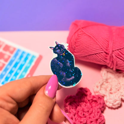 Sticker Olografico Gatto Nero Baciato dal Sole Kawaii Handmade