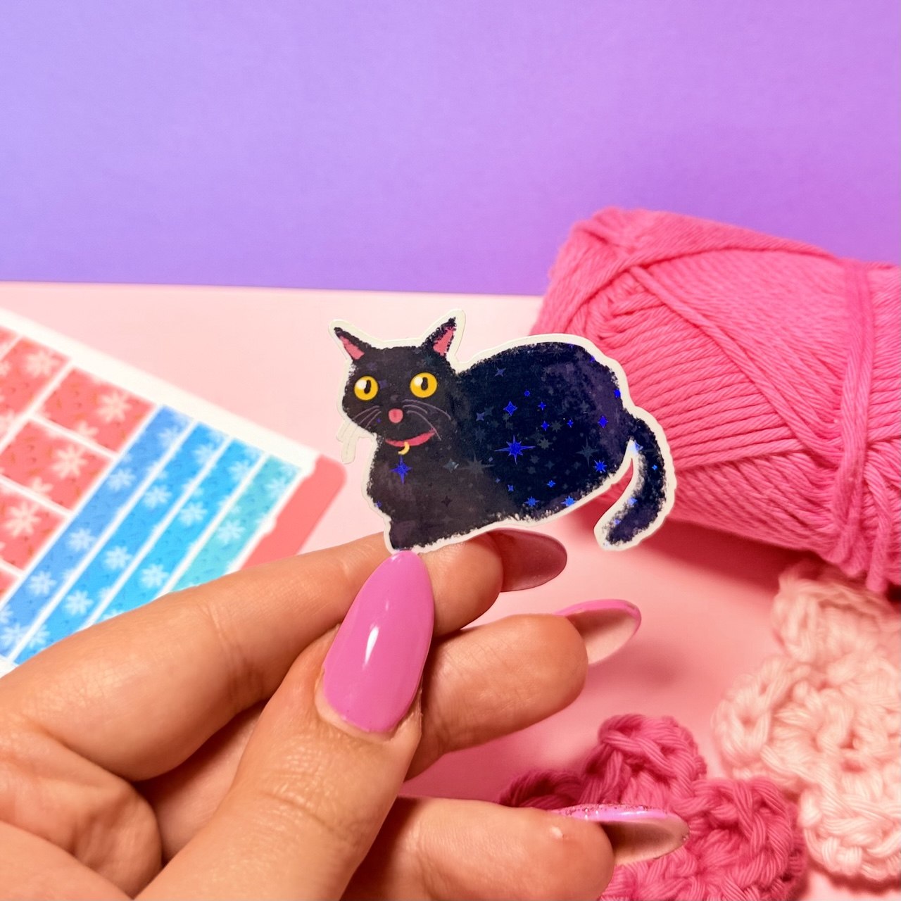 Sticker Olografico Gatto Nero Buffo Kawaii Handmade