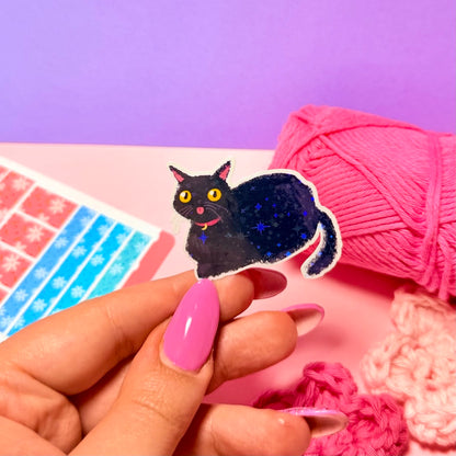 Sticker Olografico Gatto Nero Buffo Kawaii Handmade