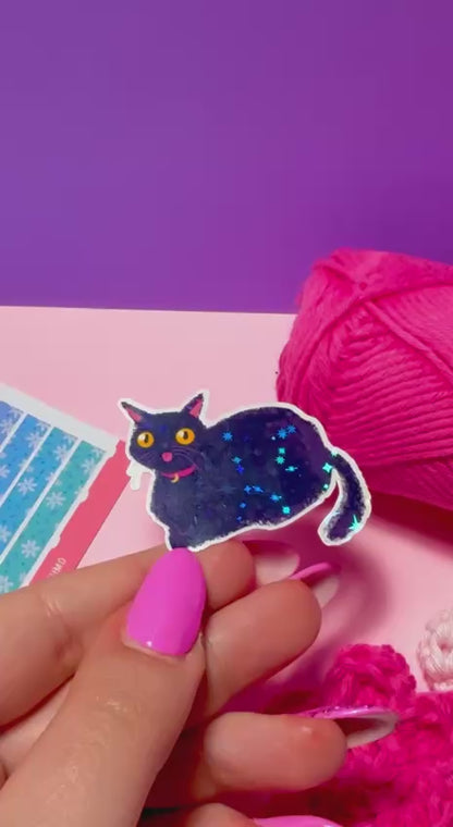 Sticker Olografico Gatto Nero Buffo Kawaii Handmade