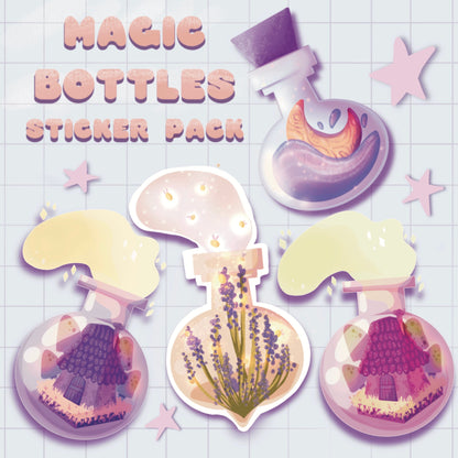 Set di sticker - Bottiglie magiche - pozione di strega - Casa fatata - Acqua di Luna - Pianta di Lavanda
